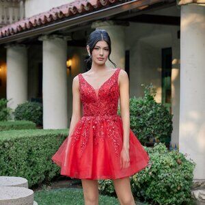 New Red Lace Embellished Mini Homecoming Tulle Dress w/ Deep V-Neckline JT987N
